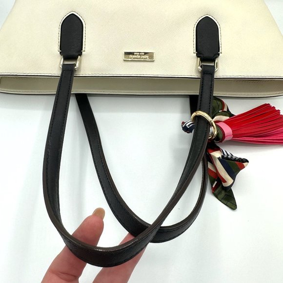 EUC Kate Spade Beige/Ivory/Black Colorblock Zip-Top Leather Tote + Bag Charm - Picture 13 of 16